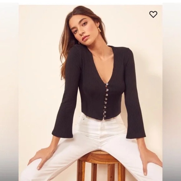 Reformation Gellar Black Ribbed Knit Top. Size S - Picture 2 of 8